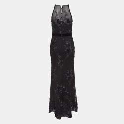 Pre Owned Badgley Mischka Black Embroidered Tulle Halter Neck Gown M