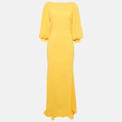 Badgley Mischka Yellow Crepe Puff Sleeve Marigold Gown M