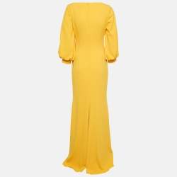Badgley Mischka Yellow Crepe Puff Sleeve Marigold Gown M