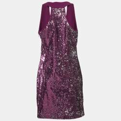 Pre Owned Badgley Mischka Purple Sequin Crepe Sleeveless Mini Dress S