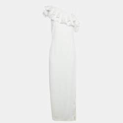 Pre Owned Badgley Mischka White Crepe Ruffle Lace Detail One Shoulder Gown M