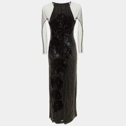 Pre Owned Badgley Mischka Black Embellished Mesh Gown L