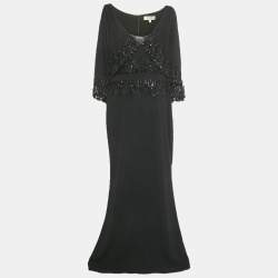 Pre Owned Badgley Mischka Black Embellished Overlay Crepe Gown XL