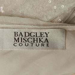 Pre Owned Badgley Mischka White Sequin Undelay Tulle Applique Gown M