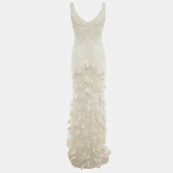 Pre Owned Badgley Mischka White Sequin Undelay Tulle Applique Gown M