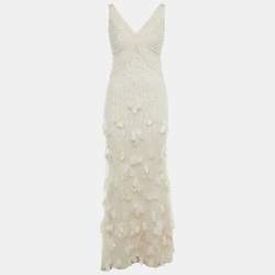 Pre Owned Badgley Mischka White Sequin Undelay Tulle Applique Gown M