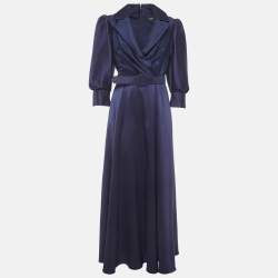 Pre Owned Badgley Mischka Navy Blue Twill Belted Collared Gown M