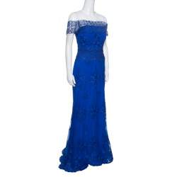 Badgley Mischka Cobalt Blue Floral Embroidered Tulle Embellished Gown M