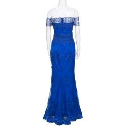 Badgley Mischka Cobalt Blue Floral Embroidered Tulle Embellished Gown M