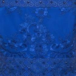 Badgley Mischka Cobalt Blue Floral Embroidered Tulle Embellished Gown M