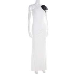 Pre Owned Badgley Mischka Collection White Ruched Knit Contrast Embellished One Shoulder Gown L