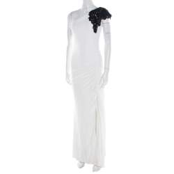 Pre Owned Badgley Mischka Collection White Ruched Knit Contrast Embellished One Shoulder Gown L