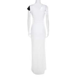 Pre Owned Badgley Mischka Collection White Ruched Knit Contrast Embellished One Shoulder Gown L
