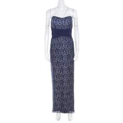 Pre Owned Badgley Mischka Blue Floral Metallic Lace Maxi Dress and Bolero Set L
