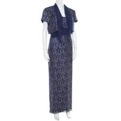 Pre Owned Badgley Mischka Blue Floral Metallic Lace Maxi Dress and Bolero Set L