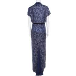 Pre Owned Badgley Mischka Blue Floral Metallic Lace Maxi Dress and Bolero Set L