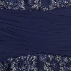 Pre Owned Badgley Mischka Blue Floral Metallic Lace Maxi Dress and Bolero Set L