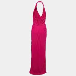 Badgley Mischka Pink Stretch Jersey Embellished Halter Gown M