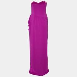 Pre Owned Badgley Mischka Purple Crepe Ruffle Detail Strapless Gown M