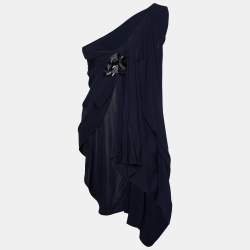 Badgley Mischka Navy Blue Embellished Detail Jersey Draped Mini Dress XS