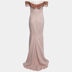 Badgley Mischka Light Pink Embellished Crepe Off Shoulder Gown M
