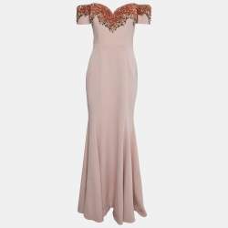 Badgley Mischka Light Pink Embellished Crepe Off Shoulder Gown M