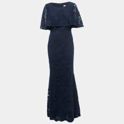 Badgley Mischka Navy Blue Lace Cape Gown M