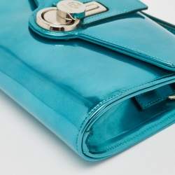 Baldinini Metallic Blue Patent Leather Flap Wristlet Clutch