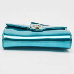 Baldinini Metallic Blue Patent Leather Flap Wristlet Clutch
