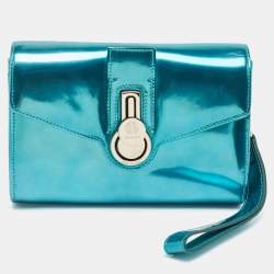 Baldinini Metallic Blue Patent Leather Flap Wristlet Clutch