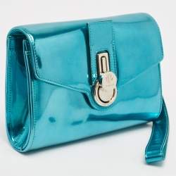 Baldinini Metallic Blue Patent Leather Flap Wristlet Clutch