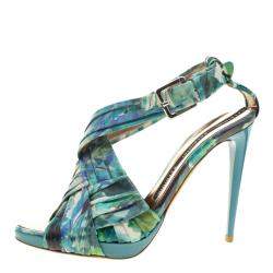 Pre Owned Baldinini Green Floral Print Leather Criss Cross Sandals Size 38