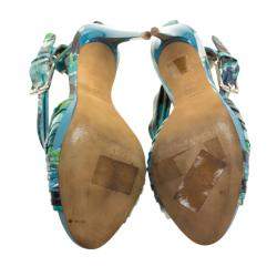 Pre Owned Baldinini Green Floral Print Leather Criss Cross Sandals Size 38