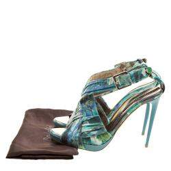 Pre Owned Baldinini Green Floral Print Leather Criss Cross Sandals Size 38