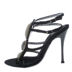 Pre Owned Baldinini Black Braided Satin Crystal Embellished Ankle Strap Sandals Size 36