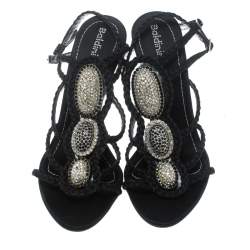 Pre Owned Baldinini Black Braided Satin Crystal Embellished Ankle Strap Sandals Size 36
