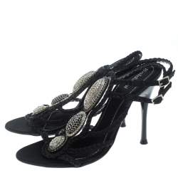 Pre Owned Baldinini Black Braided Satin Crystal Embellished Ankle Strap Sandals Size 36