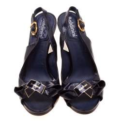 Baldinini Blue Leather Bow Wedge Ankle Strap Sandals Size 37