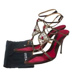 Baldinini Metallic Bronze Metal/Satin Embellished Strappy Sandals Size 40