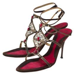 Baldinini Metallic Bronze Metal/Satin Embellished Strappy Sandals Size 40
