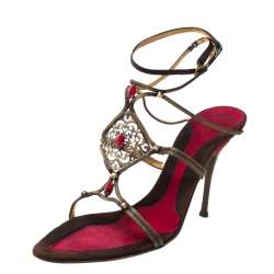 Baldinini Metallic Bronze Metal/Satin Embellished Strappy Sandals Size 40