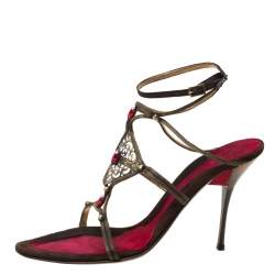 Baldinini Metallic Bronze Metal/Satin Embellished Strappy Sandals Size 40