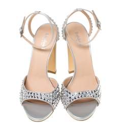 Baldinini Grey Studded Satin Open Toe Slingback Sandal Size 37.5
