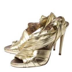 Baldinini Metallic Gold Leather Draped Peep Toe Sandals Size 38