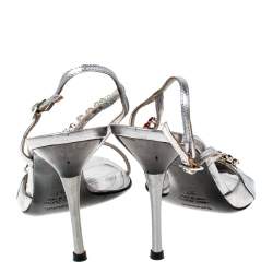Baldinini Metallic Silver Leather Crystal Embellised Ankle Sandals Size 37
