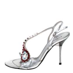 Baldinini Metallic Silver Leather Crystal Embellised Ankle Sandals Size 37