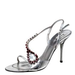 Baldinini Metallic Silver Leather Crystal Embellised Ankle Sandals Size 37