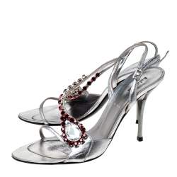 Baldinini Metallic Silver Leather Crystal Embellised Ankle Sandals Size 37