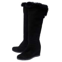 Baldinini Black Suede Wedge Knee Length Boots Size 38.5
