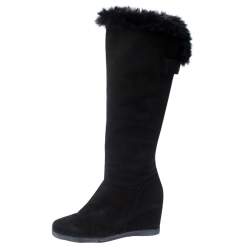 Baldinini Black Suede Wedge Knee Length Boots Size 38.5